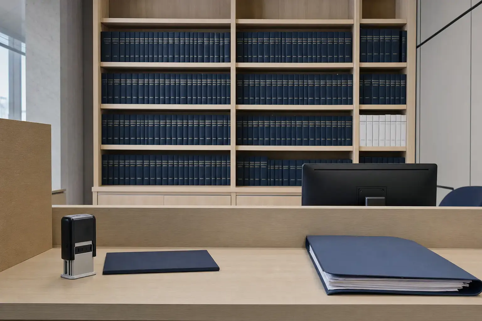 Balcão de atendimento de uma serventia extrajudicial paulista, com os livros de registro encadernados na estante ao fundo e o carimbo de autenticação sobre a bancada
