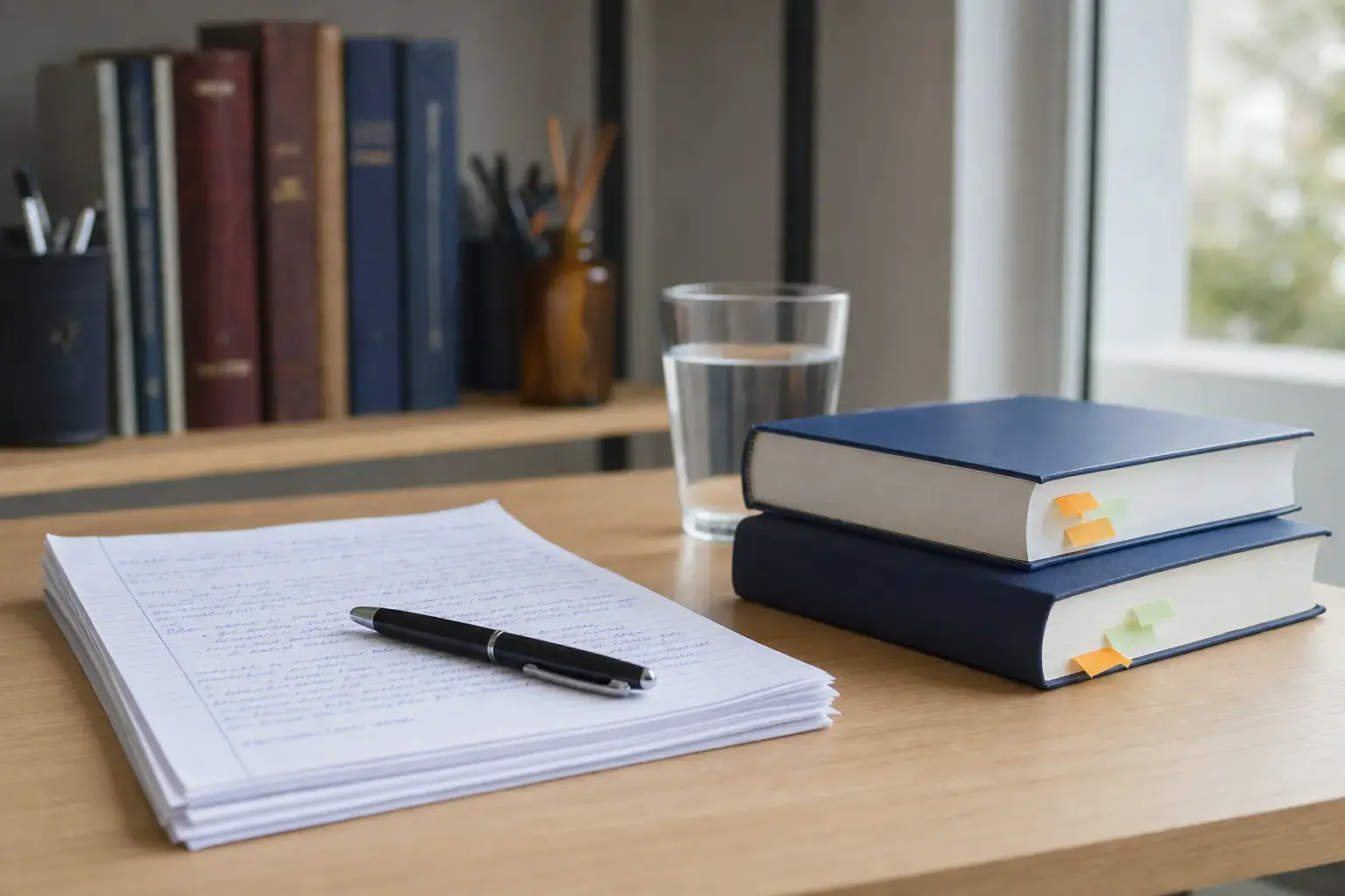 mesa de estudo com peça manuscrita e códigos de lei, a preparação para o concurso de Defensor do DF que a gente destrincha nesta página