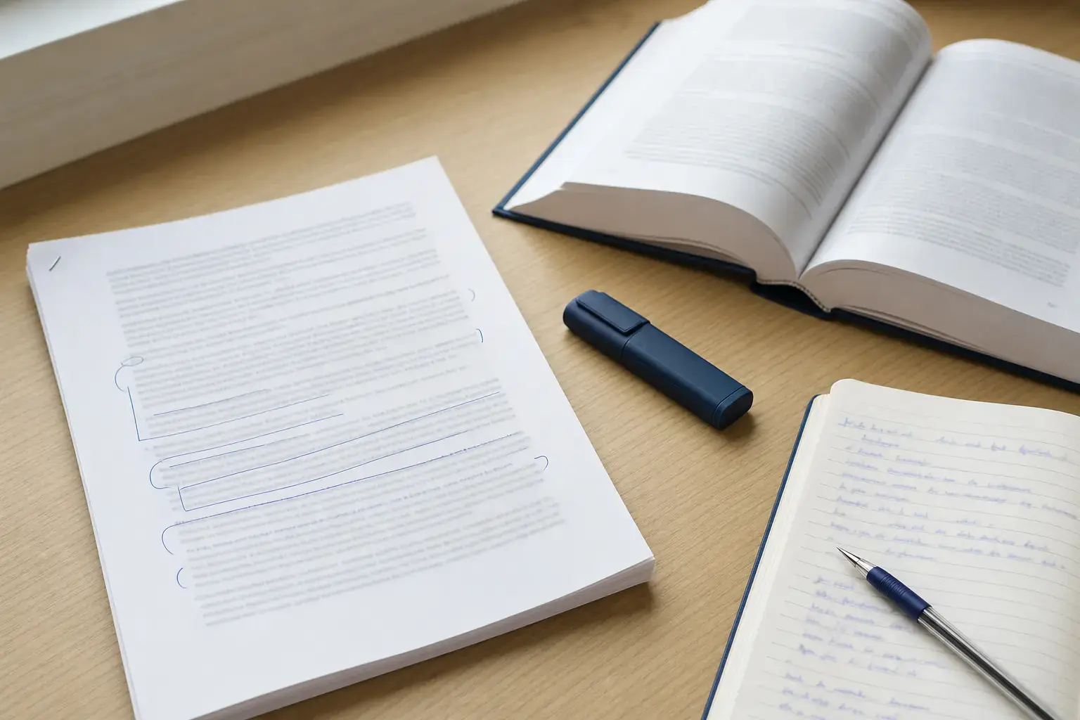 material de estudo sobre uma mesa de trabalho: documento impresso e anotado, volume de legislação aberto e caderno de anotações manuscritas